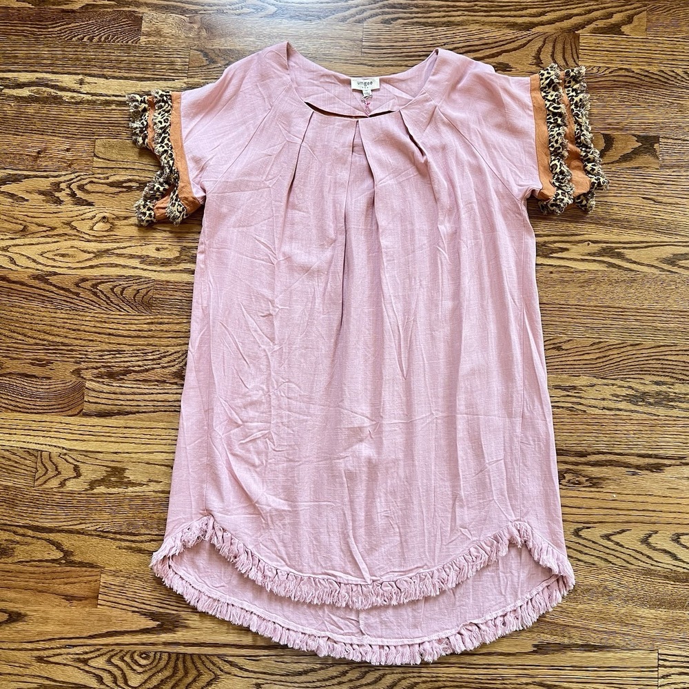 NWT Umgee Linen Rayon Pink Dress Leopard Print Short Sleeve Raw Ruffle Hem SZ M